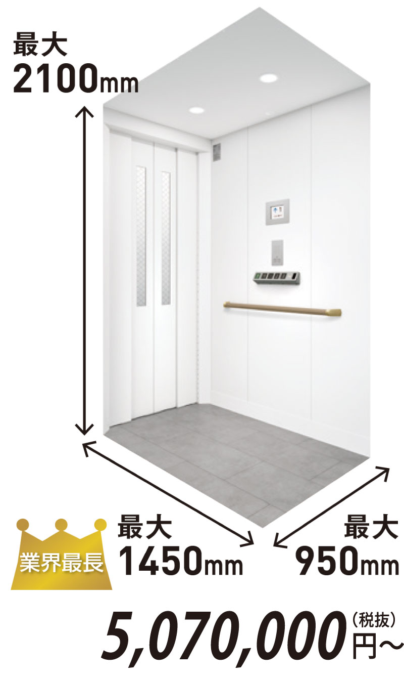 小規模建築物用エレベーター「ウェルグランロングUi」の室内イメージ。天井高は最大2100mm、奥行き最大1450mm、幅最大950mm。手すりと操作パネルを備えた白基調の空間で、価格は税抜507万円から。